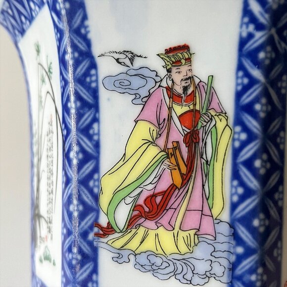 Vintage Chinese Immortals Flowers Poems Octagon Flowerpot w/ Saucer Blue & White - Picture 14 of 15